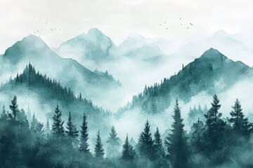 Fototapeta premium Watercolor Painting of Misty Mountains and a Forest