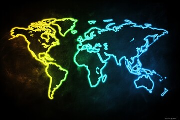 Naklejka premium Neon outline of a world map glowing in green and blue against a dark background