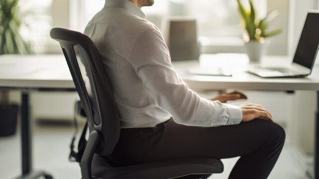 Person sitting at desk with poor posture, emphasizing the importance of ergonomic practices for maintaining health and productivity in the workplace.