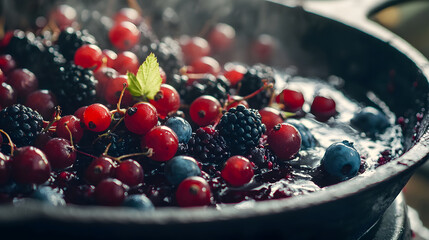 A close-up of various berries being cooked in a pan, showcasing vibrant colors and textures.