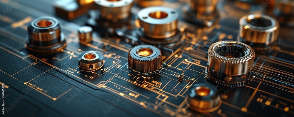 Poster Close-up of intricate metallic gears and mechanisms on a circuit board