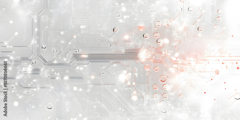 Poster digital data stream: abstract close-up of a circuit board with glowing red and white light trails, c