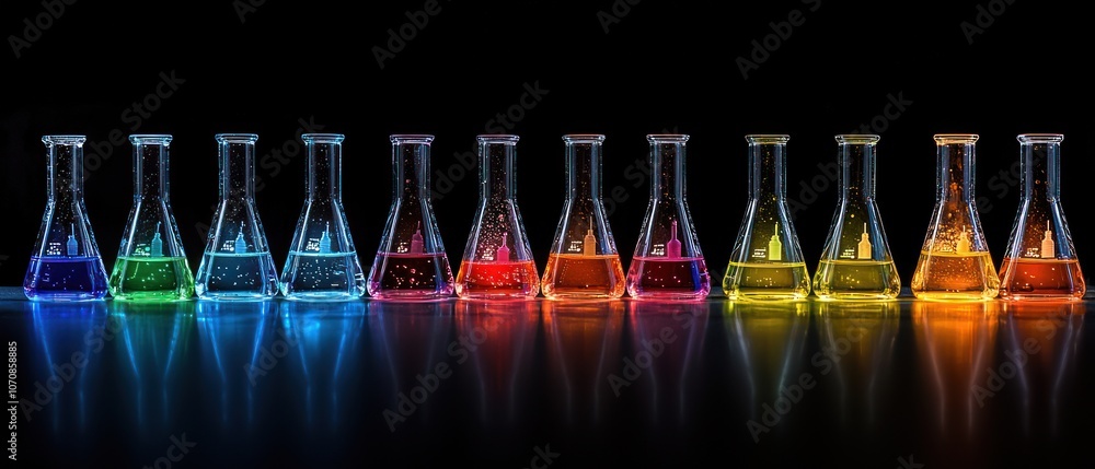 Aufkleber A Row of Erlenmeyer Flasks Filled with Colorful Liquids
