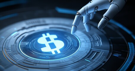 Robotic Hand Touching Illuminated Dollar Sign Icon with Financial Symbols