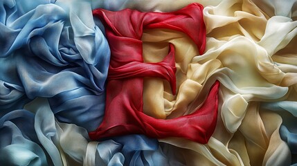 Red fabric letter E on blue and beige fabric background.