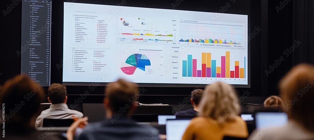 Poster a dynamic image of a business presentation being given in a large conference hall, with a focus on t