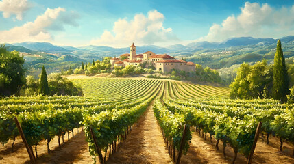 A picturesque Italian village nestled amidst rolling vineyards under a clear blue sky.