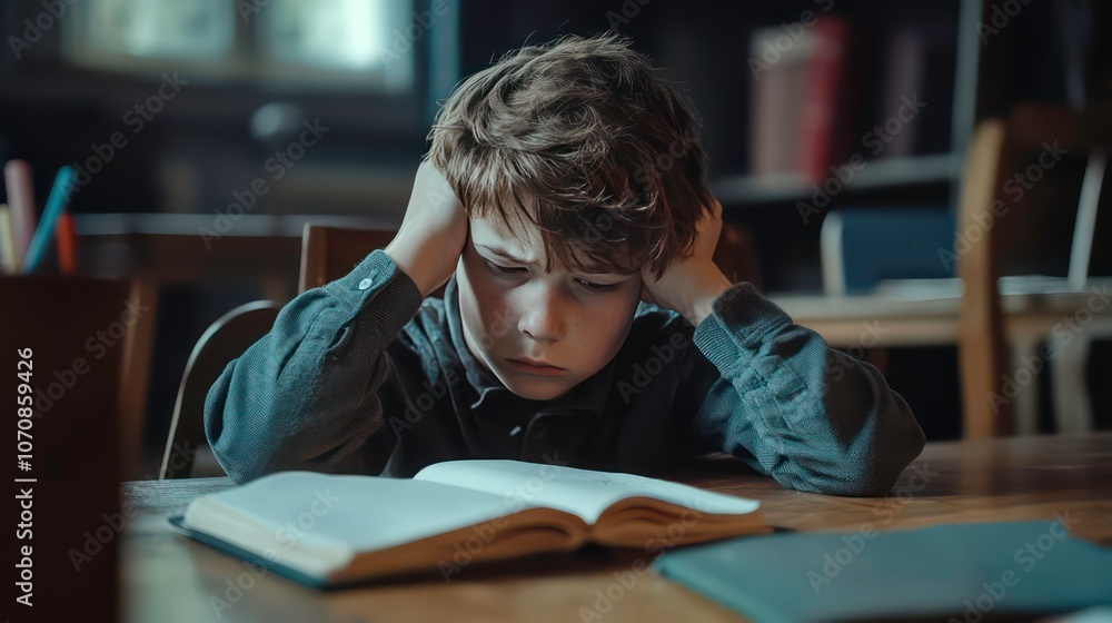 Poster a boy struggles with concentration while studying in a dimly lit library.
