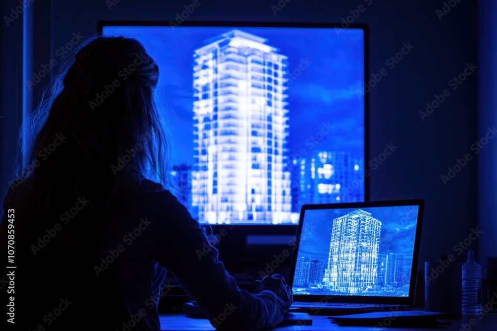 Poster Woman Working on a Computer with a Building on the Screen in a Dark Room