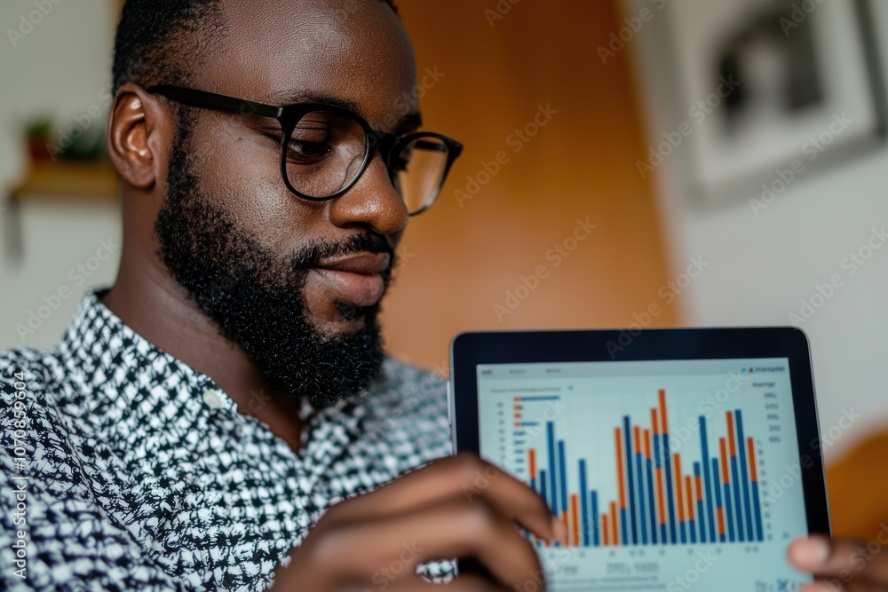 Poster a man in glasses analyzing a bar graph on a tablet