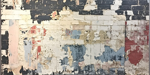 Urban Decay Texture: A captivating close-up shot reveals a weathered brick wall, its surface a tapestry of peeling paint in muted tones of red, blue, and beige.