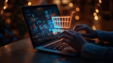 Person using laptop with glowing shopping cart icon, online shopping concept.