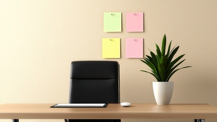 Modern Office Workspace with Notes and Green Plant