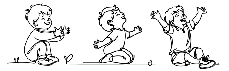 little children joyful happy monoline vector, oneline line art style