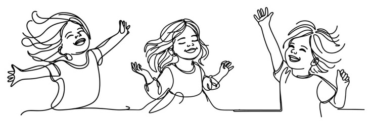 little children joyful happy monoline vector, oneline line art style