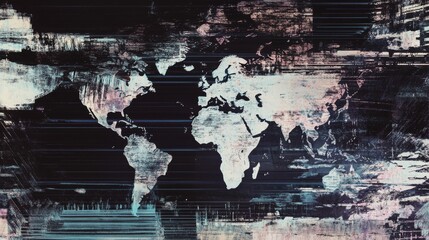 Obraz premium Global communications disruption illustration depicting a world map with broken connections, symbolizing the impact of severed networks on international collaboration and information exchange.