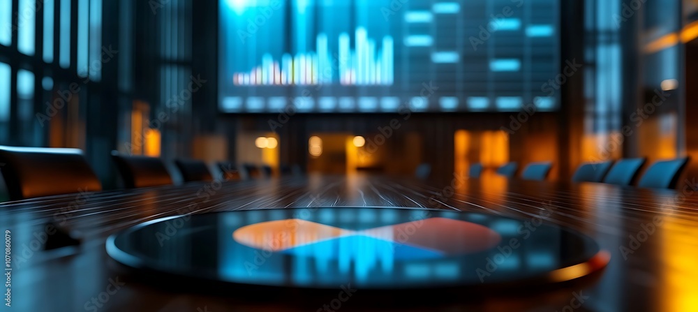Poster a dynamic image of a business presentation with a focus on a large screen displaying a bar graph