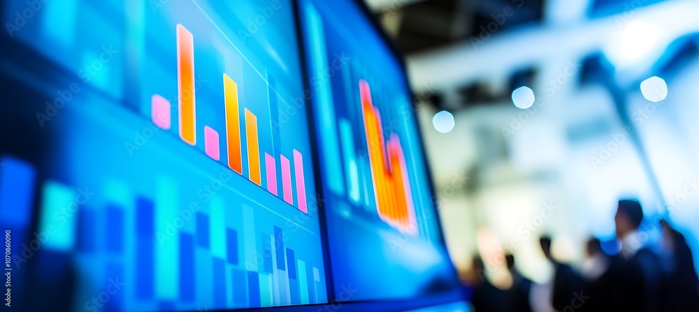 Poster a dynamic image of a business presentation with a focus on a large screen displaying a bar graph