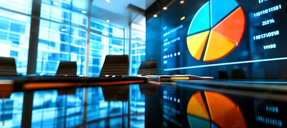 Poster a dynamic image of a business presentation with a focus on a large screen displaying a bar graph