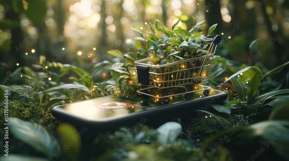 Poster miniature shopping cart filled with green plants on a smartphone screen in a forest setting