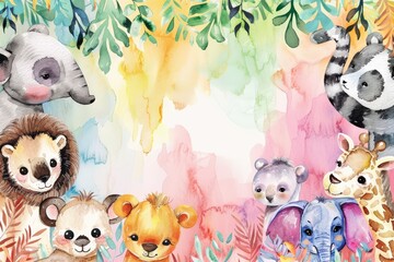 Watercolor Illustration of Adorable Jungle Animals with a Blank Space
