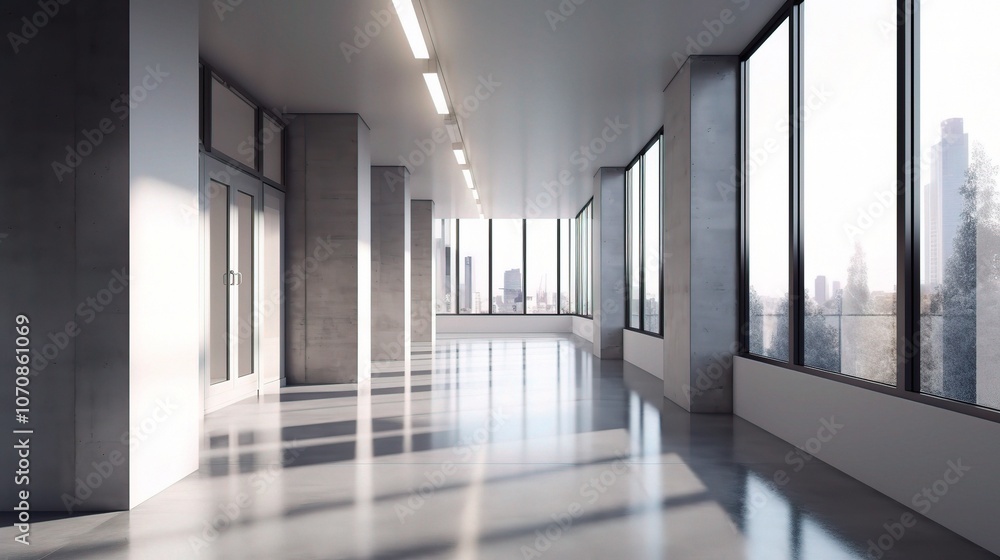 Poster modern empty office space with large windows