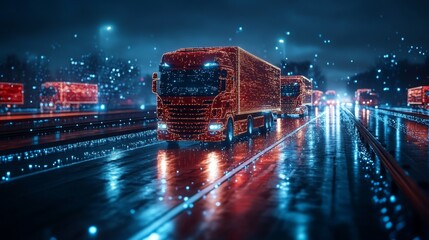 Holographic AI fleet managers guide autonomous trucks on a futuristic highway at night