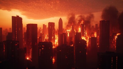 Fototapeta premium City in flames a stunning visual of urban destruction captured at dusk