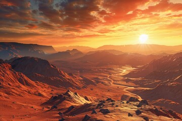 A Sunset Over a Red Desert Landscape With Winding Valley and Mountains