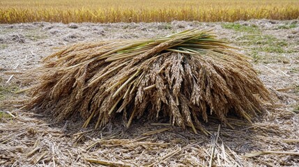 Bundled Rice Stalks Resting in the Sunlit Field