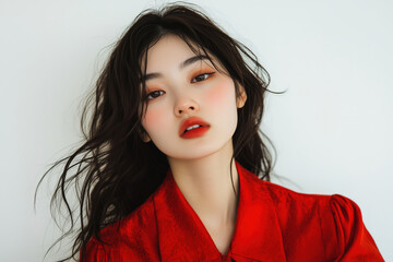 A young woman poses confidently in a bright red top, showcasing her radiant makeup and flowing hair against a neutral backdrop. Generative AI