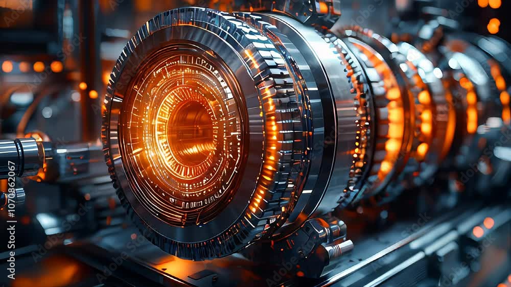 Poster futuristic machine core with glowing orange lights in a technological setting