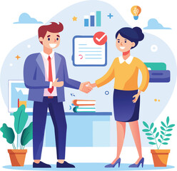 People shaking hands at work - Two businesspeople, man and woman doing handshake in office at work while smiling over business agreement and deal. Flat design stock illustration on white background