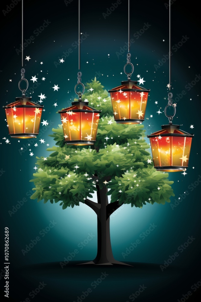 Poster lantern tree - a simple tree with little circles in the shape of lanterns, made in three different c