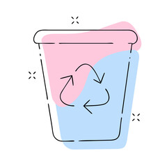 A trash can with a recycling symbol on it. The trash can is blue and pink. The recycling symbol is a triangle with arrows pointing in different directions
