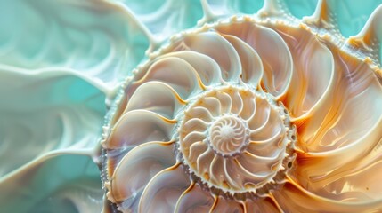 Abstract wallpaper featuring a nautilus shell, with a focus on its detailed swirl. The shell's natural beauty is a perfect example of marine life and nature.