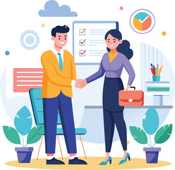 People shaking hands at work - Two businesspeople, man and woman doing handshake in office at work while smiling over business agreement and deal. Flat design stock illustration on white background