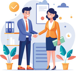 People shaking hands at work - Two businesspeople, man and woman doing handshake in office at work while smiling over business agreement and deal. Flat design stock illustration on white background