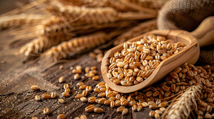 wheat grains close up and wooden scoop with copy space, harvest festival banner with space for text