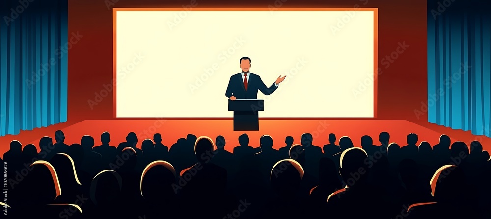 Poster a dynamic image of a business conference with a speaker on stage and a large audience