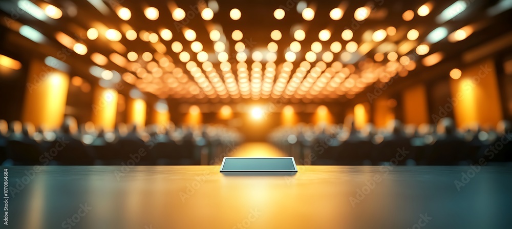 Poster a dynamic image of a business conference with a speaker on stage and a large audience
