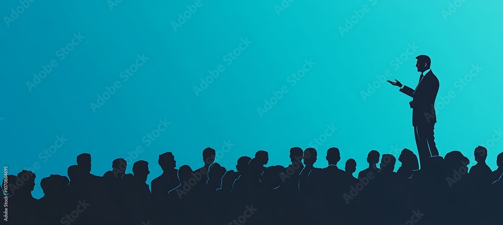 Poster a dynamic image of a business conference with a speaker on stage and a large audience