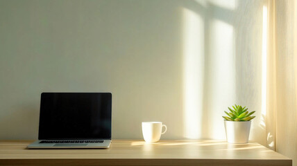 Fototapeta premium A clean, modern desk setup with a sleek laptop, white coffee cup, and a small succulent on a wooden table, featuring neutral tones and minimalist design