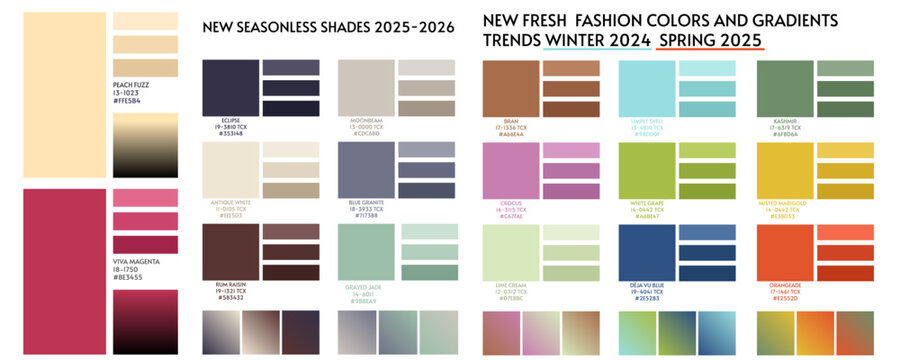 ACTUAL FRESH New fashion color trend winter spring season 2024 2025 2026. Color palette forecast of the future color trend