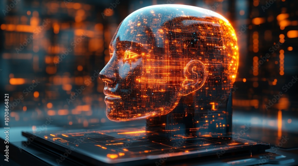 Poster a transparent ai assistant's head showcases glowing data and advanced tech design