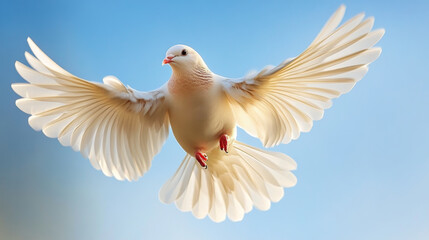 Obraz premium Graceful White Dove in Flight Against a Clear Blue Sky
