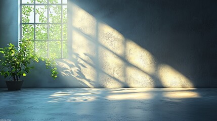 A serene indoor space with sunlight streaming through a window, highlighting a plant.
