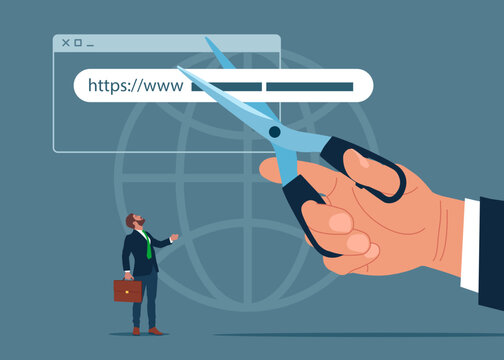 Hand uses scissors to cut an address bar or link to make it shorter. Short and custom URLs.  Modern vector illustration in flat style.