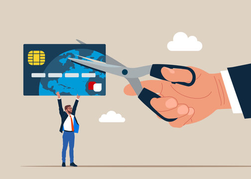 Hand uses scissors to cut credit card with scissors. For stop to pay money protect crisis cost. Flat vector illustration. 