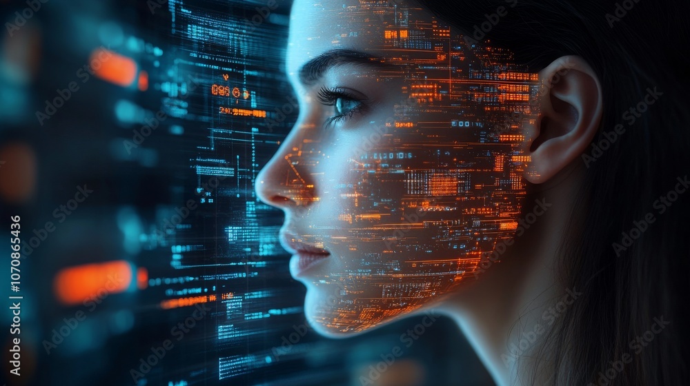 Poster a virtual assistant interacts and communicates through digital projections on a futuristic interface